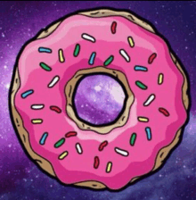 a cartoon drawing of a pink donut with sprinkles on a purple background .