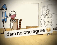 a group of regular show characters are standing next to each other in a room .