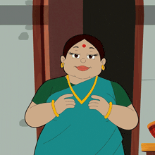 a cartoon of a woman wearing a blue saree and gold jewelry