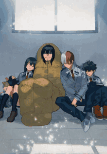 a group of anime characters are sitting on the floor with a man in a sleeping bag