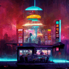 a colorful painting of a futuristic city with a sign that says ' a ' on it