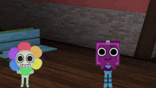 a cartoon character with a flower on his head and a purple box with a face on it