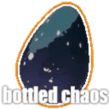 a pixel art of a blue egg with the words bottled chaos below it