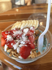 a bowl of food with strawberries and bananas and granola