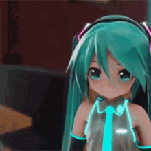 hatsune miku is wearing headphones and a tie and is looking at the camera .