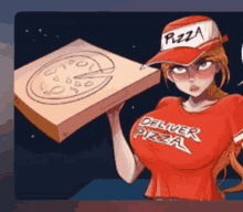 a girl in a red shirt that says delivery pizza is holding a pizza box