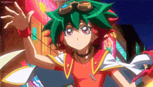 a cartoon character with green hair and goggles is wearing a red shirt and a white cape .