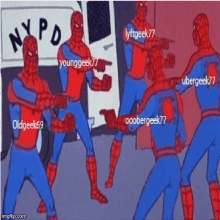 a group of spider-man standing in front of a nypd vehicle