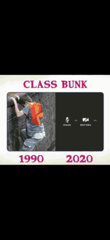 a picture of a boy climbing a wall with a red backpack on his back in 1990 and 2020