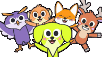 a group of cartoon animals including an owl a dog a fox and a deer are standing next to each other