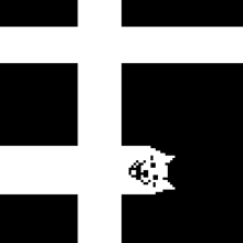 a black and white pixel art of a cat coming out of a hole in the wall .