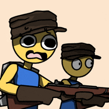 two cartoon characters are holding guns and one has a surprised face on his face