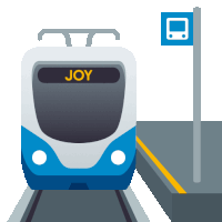 a blue and white train that says joy on the front of it