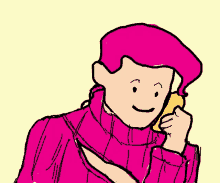 a cartoon drawing of a man wearing a pink sweater talking on a cell phone