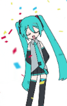 a drawing of hatsune miku with confetti flying around her .