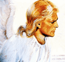 a painting of a woman with long blonde hair and wings