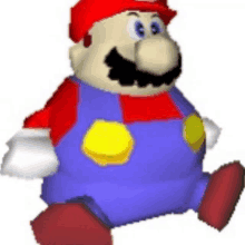 a cartoon of a fat mario wearing overalls and a red hat is sitting on a white background .