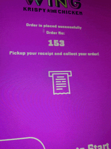 a purple screen says order is placed successfully and order no 153