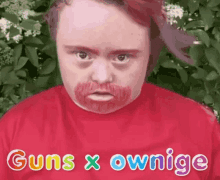 a person with a red beard is wearing a shirt that says guns x ownige