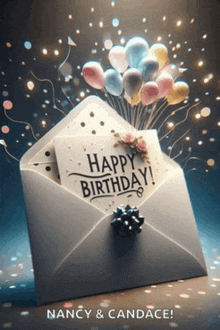 a happy birthday card with balloons in an envelope