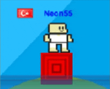 a pixel art character is standing on top of a red box .