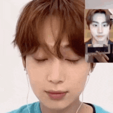 a close up of a person 's face with a collage of pictures of their faces .