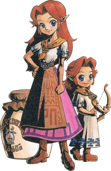 a cartoon drawing of a woman and a little girl with a bow and arrow with the letter t on the skirt