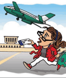 a cartoon of a woman running to catch a plane while holding a flight tag .