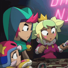 a group of cartoon characters are standing in front of a neon sign that says din