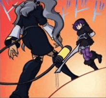 a cartoon of a man holding a sword and a woman with purple hair