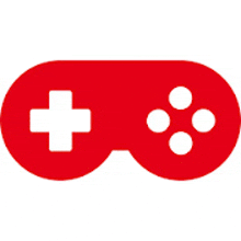 a red video game controller with a white cross and four buttons