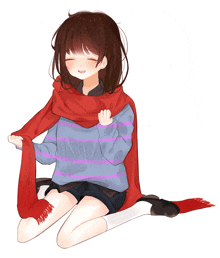 a girl with a red scarf around her neck