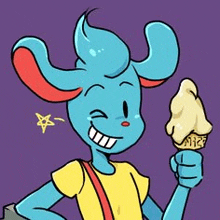 a cartoon character is holding an ice cream cone .