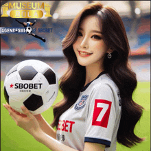 a woman is holding a soccer ball that says sbobet on it