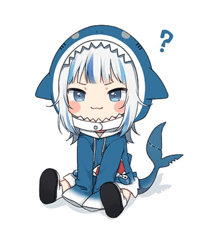 a girl dressed as a shark is sitting down with a question mark above her head