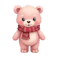a pink teddy bear is wearing a red scarf