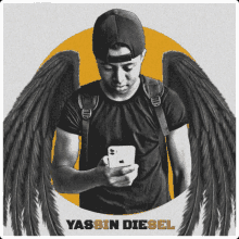 a black and white photo of a young man with wings and the name yassin diesel on the bottom