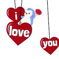 a penguin is holding a bouquet of flowers while hanging from a heart that says " i love you "