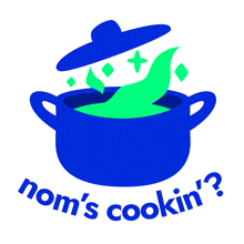 a logo for nom 's cookin ' with a pot and green beans