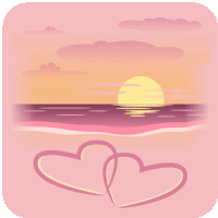 a pink background with two hearts and a sunset