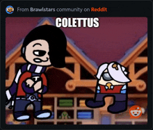 a cartoon character named colettus is standing next to another cartoon character