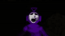 a purple teletubbies character is screaming in the dark with headphones on .