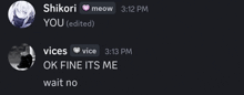 a screenshot of a chat with shikori and vices