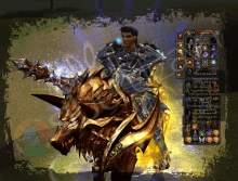 a man is riding on the back of a horse in a video game with a screen displaying armor and weapons