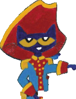 a drawing of a cat wearing a red hat and a blue jacket