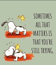 a cartoon of snoopy and woodstock with a quote about sometimes all that matters is that you 're still trying