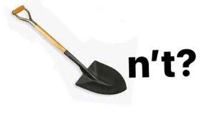 a black shovel with a wooden handle is sitting on a white surface next to the word n ' t .