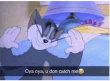 a picture of tom from tom and jerry with a caption that says oya oya u don catch me