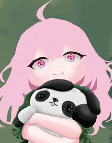 a drawing of a girl with pink hair holding a stuffed panda