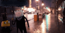 a cartoon character holding an umbrella in the rain with a sign that says ' downtown ' on it